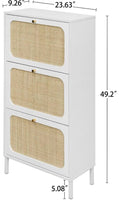 Natural Rattan Shoe Cabinet with 3 Flip Drawers, Slim Shoe Organizer with Metal Legs and 3-Tier Adjustable Shelves, Free Standing Shoe Racks for Entryway, Bedroom, Floor,White