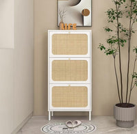 Natural Rattan Shoe Cabinet with 3 Flip Drawers, Slim Shoe Organizer with Metal Legs and 3-Tier Adjustable Shelves, Free Standing Shoe Racks for Entryway, Bedroom, Floor,White