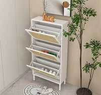 Natural Rattan Shoe Cabinet with 3 Flip Drawers, Slim Shoe Organizer with Metal Legs and 3-Tier Adjustable Shelves, Free Standing Shoe Racks for Entryway, Bedroom, Floor,White